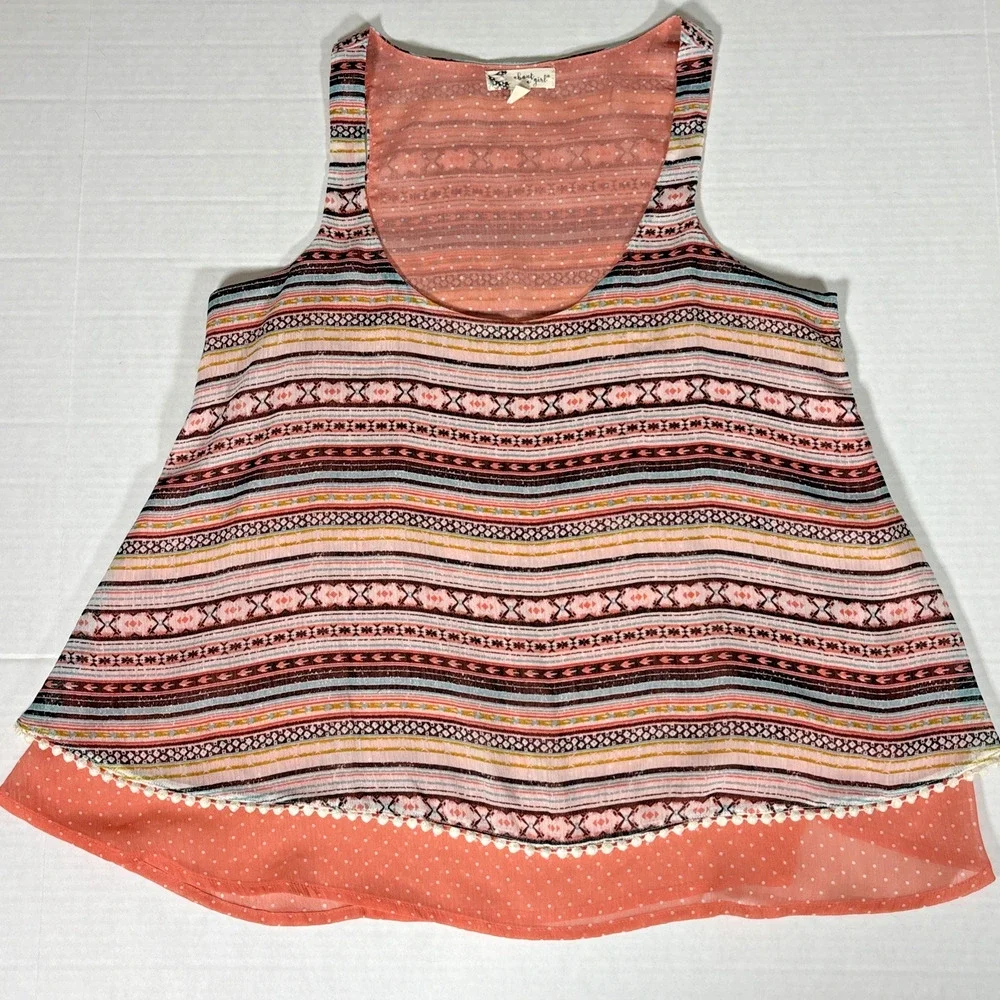 About a Girl Layered Boho Aztec Peach Polka Dot Pom Pom Hem Tank Striped Sz XS - Picture 6 of 8
